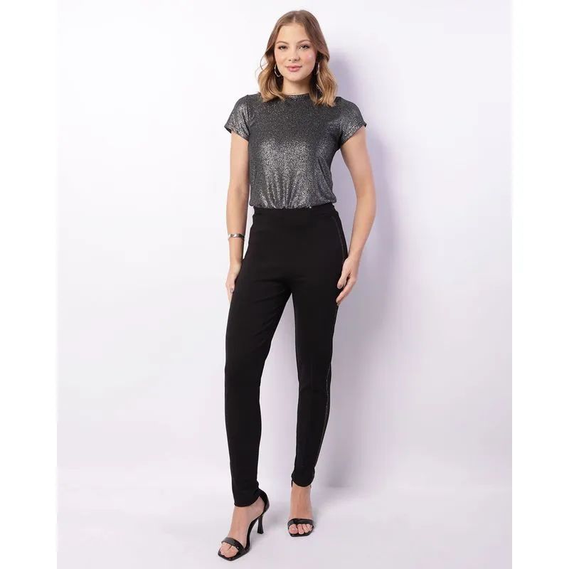 Calça Feminina Legging Berry & Co. Strass Recortes Preta M