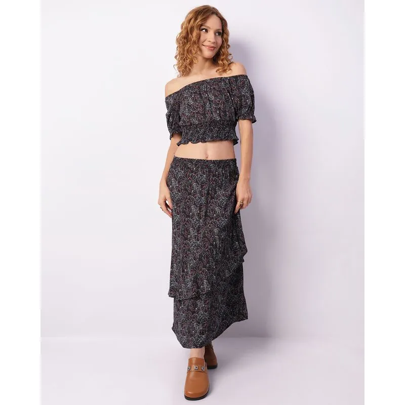 Saia Feminina Longa Berry & Co. Viscose Estampada Preta G