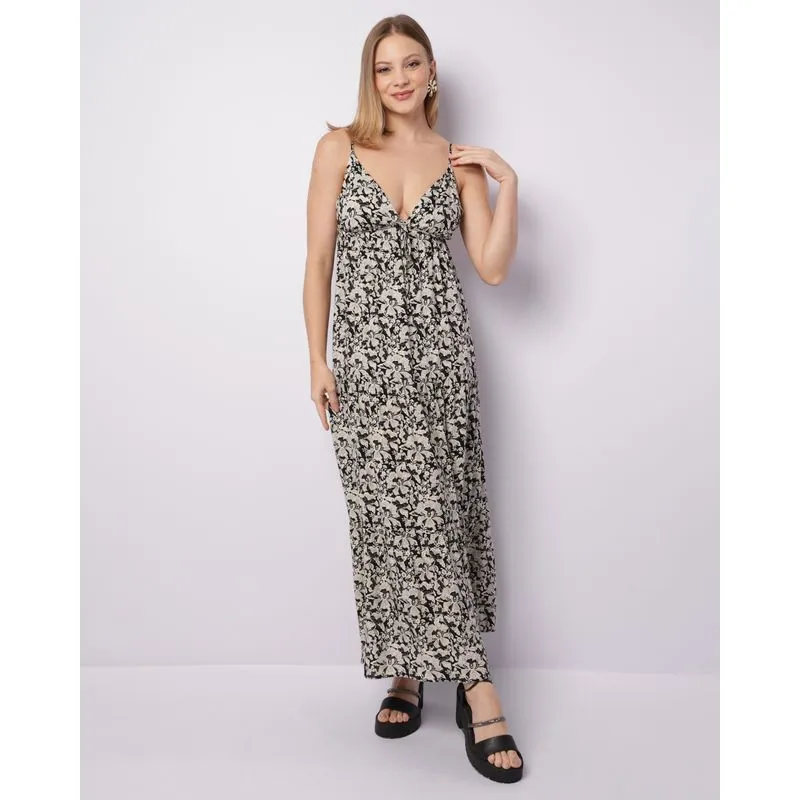 Vestido Feminino Longo Viscose Alcinha Decote V Estampado Off White M