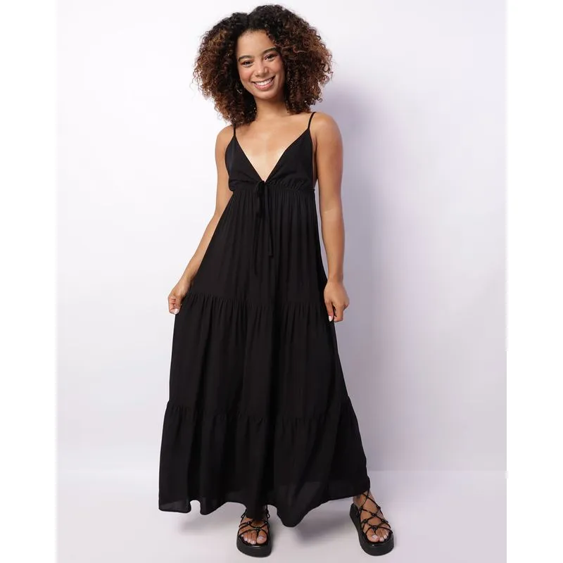 Vestido Feminino Longo Berry & Co. Viscose Alcinha Preto P