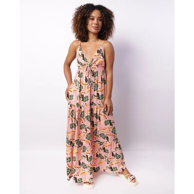 Vestido Feminino Longo Viscose Berry & Co. com Estampa Rosa G