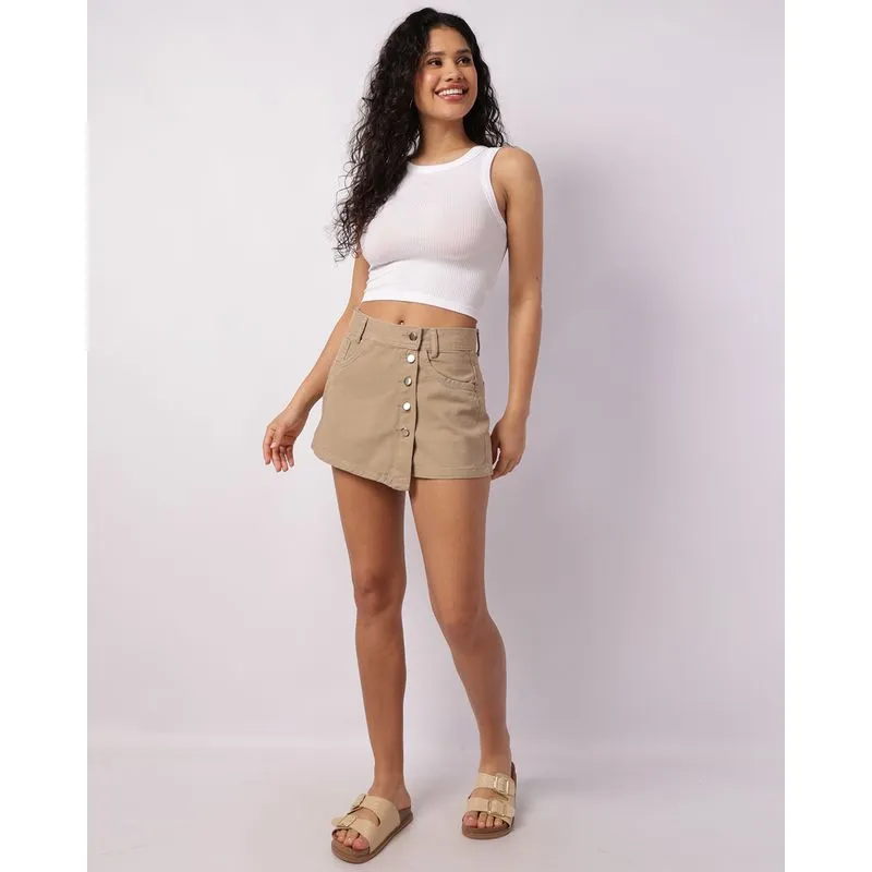 Short Saia Jeans Feminino com Botões Bege 40