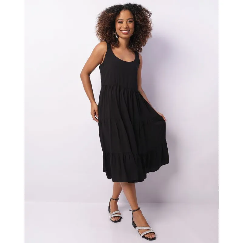 Vestido Feminino Midi Berry & Co. Drapeada Babado Preto P