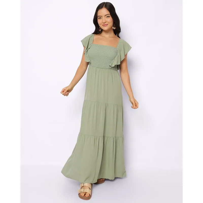 Vestido Feminino Longo Berry & Co.Viscose com Lastex Babado Verde PP