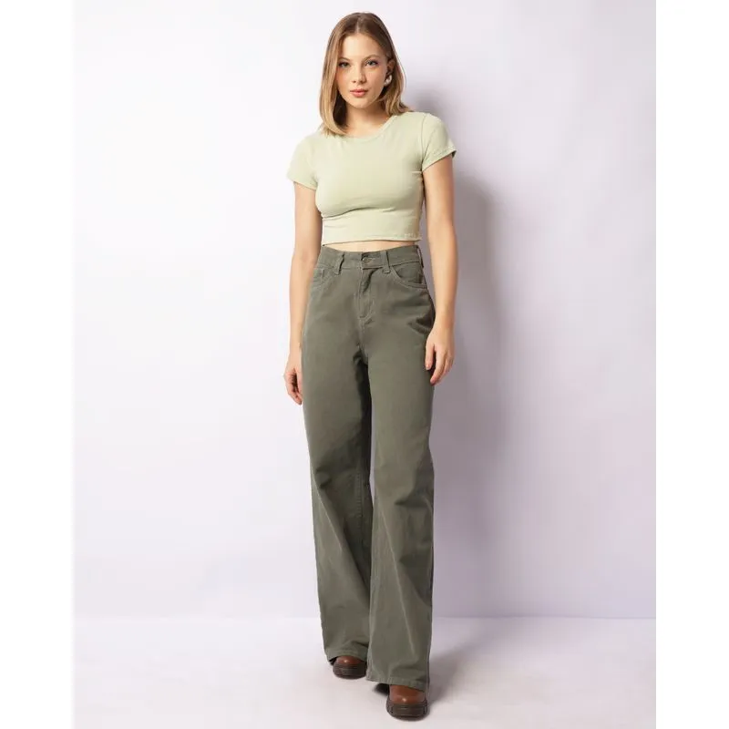 Calça Jeans Feminina Wide Leg Verde 42