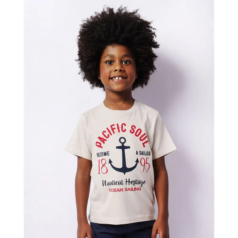 Camiseta Infantil Manga Curta Estampa Âncora Bege 4