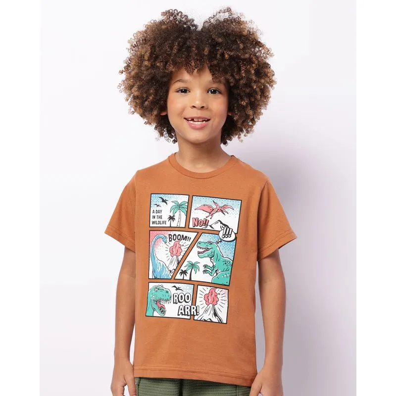 Camiseta Infantil Estampa Dinossauro Manga Curta Marrom 6