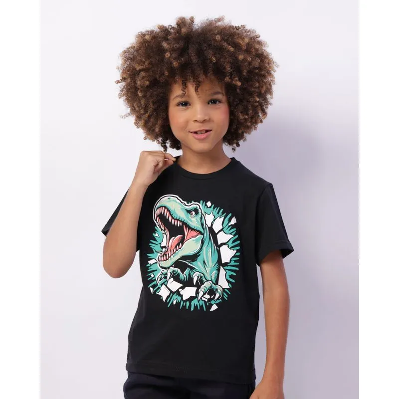 Camiseta Infantil Estampa Dinossauro Manga Curta Preta 8