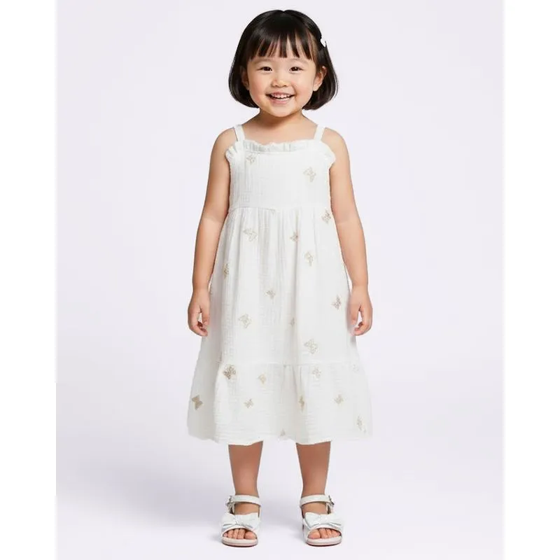 Vestido Bebê Curto Algodão com Bordados Borboletas Alcinha Off White 3