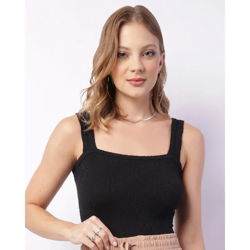 Regata Feminina Cropped Sem Costura Texturizada Preta GG