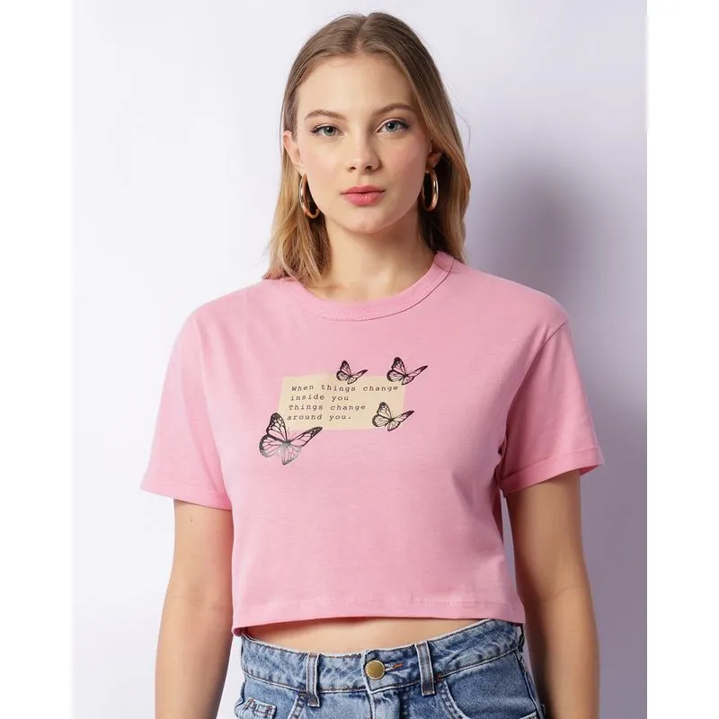Blusa Feminina Cropped Estampa Borboletas Manga Curta Rosa GG
