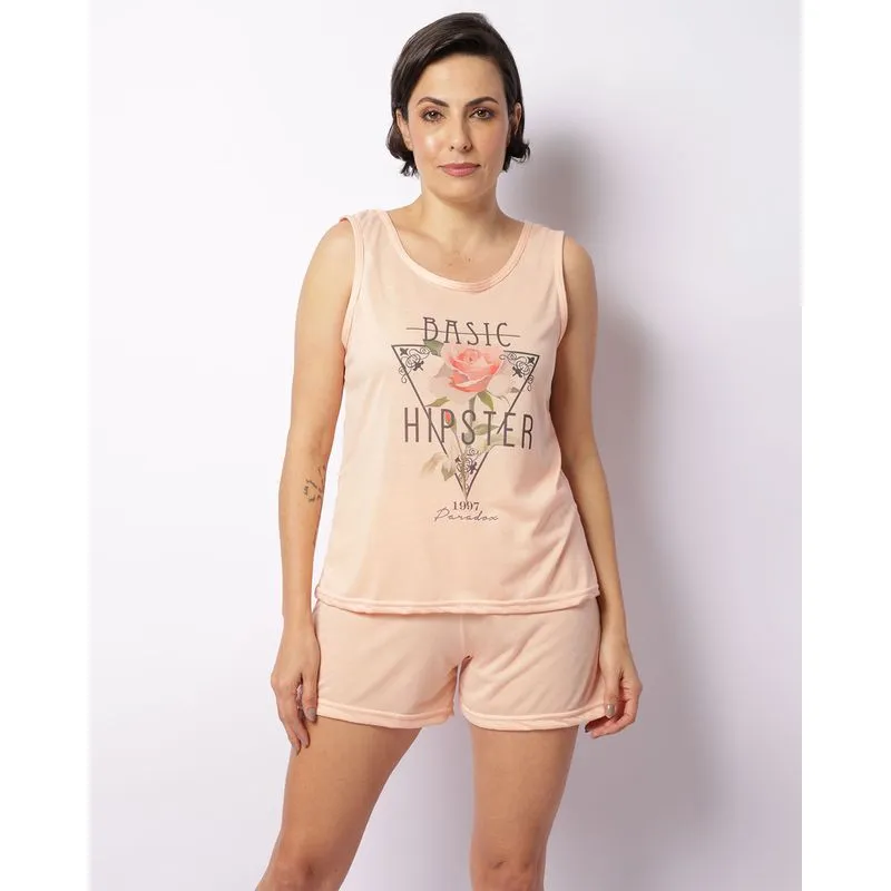 Pijama Feminino Regata Curto Estampa Floral Laranja GG