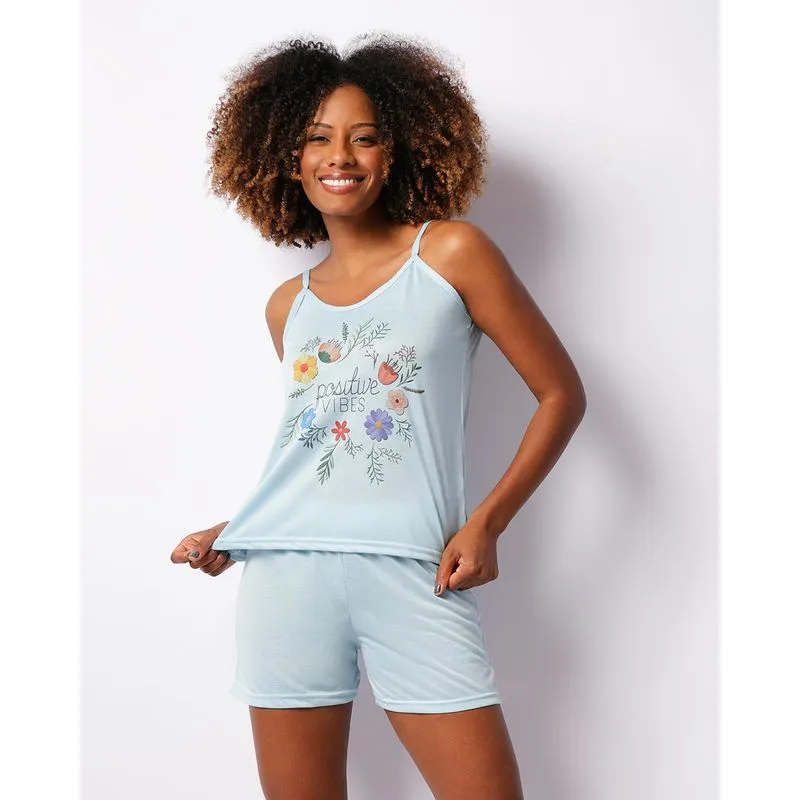 Pijama Feminino Curto Estampa Frontal Azul G