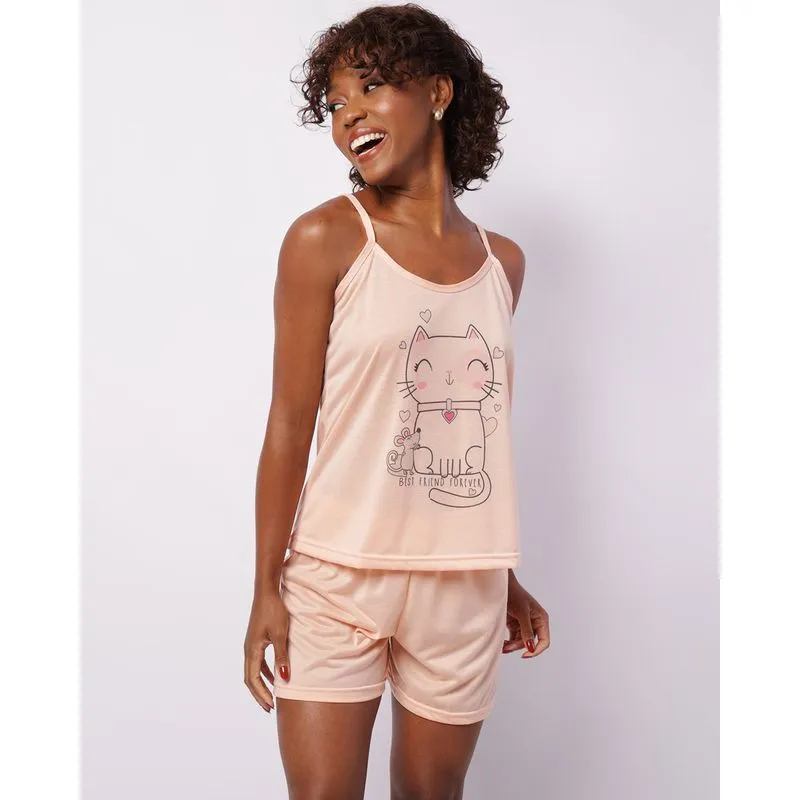 Pijama Feminino Curto Estampa Frontal Laranja M