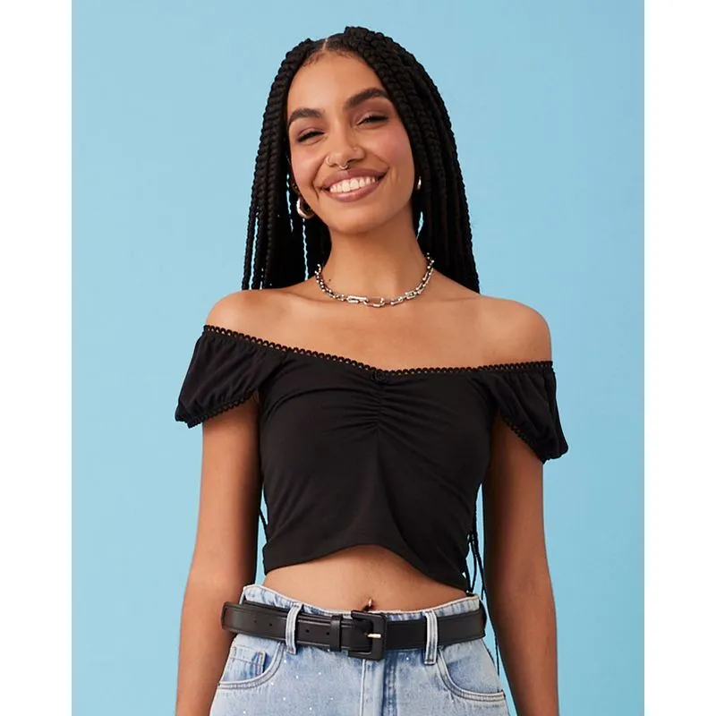 Blusa Feminina Cropped Manga Curta Preta P