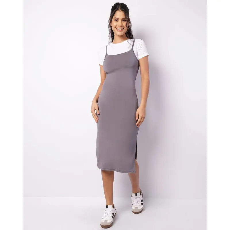 Vestido Feminino Suplex Midi Com Fenda Cinza G