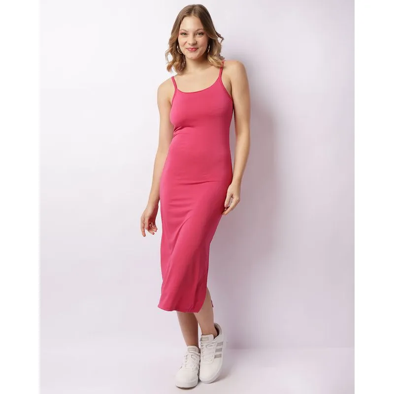 Vestido Feminino Suplex Midi Com Fenda Rosa M