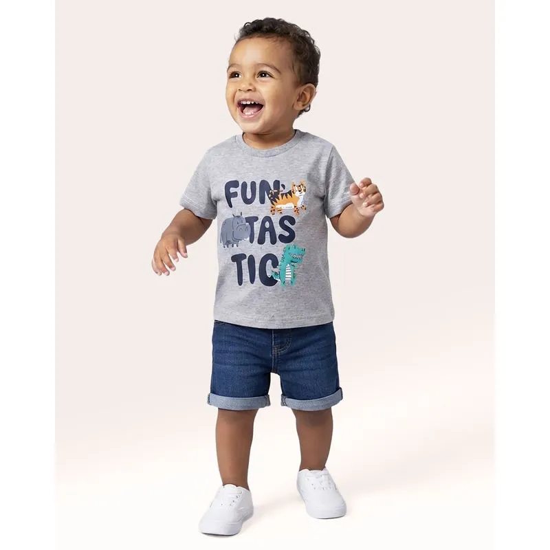 Camiseta Bebê Estampa Bichinhos Manga Curta Cinza 1