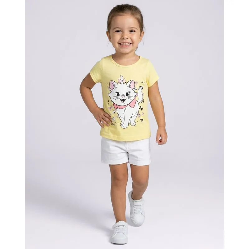 Camiseta Bebê Algodão Manga Curta Estampa Disney Marie Amarela 3