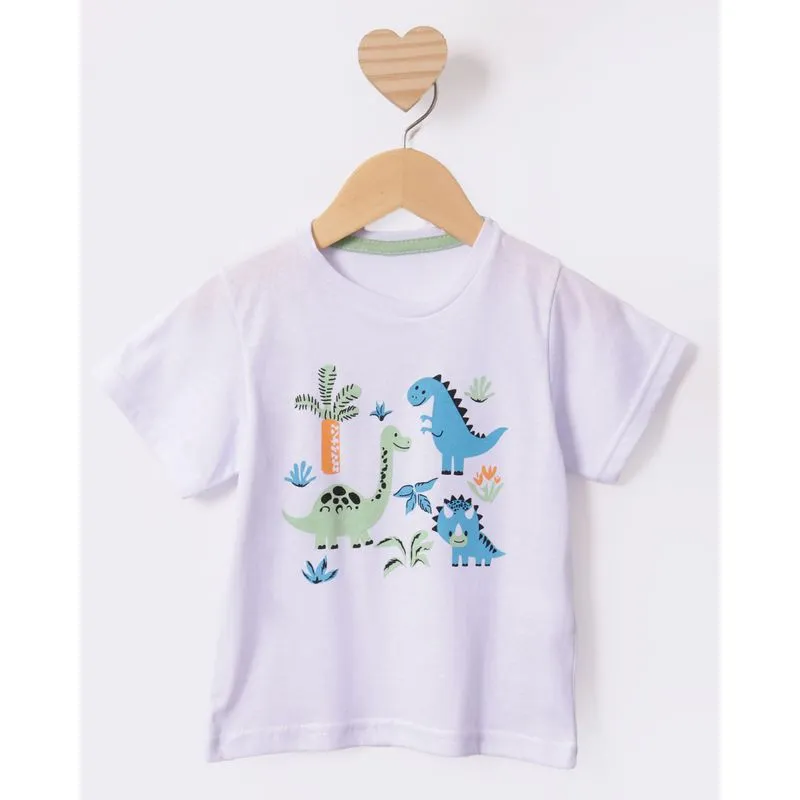 Camiseta Bebê Manga Curta Estampa Dinossauros Branca 1