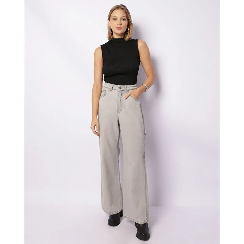Calça Jeans Feminina Vizzy Wide Leg Bolso Cargo Cinza 36
