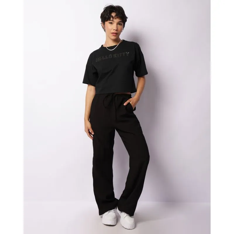 Calça Feminina Viscose Reta Bolso Cargo Com Cordão Preta 34