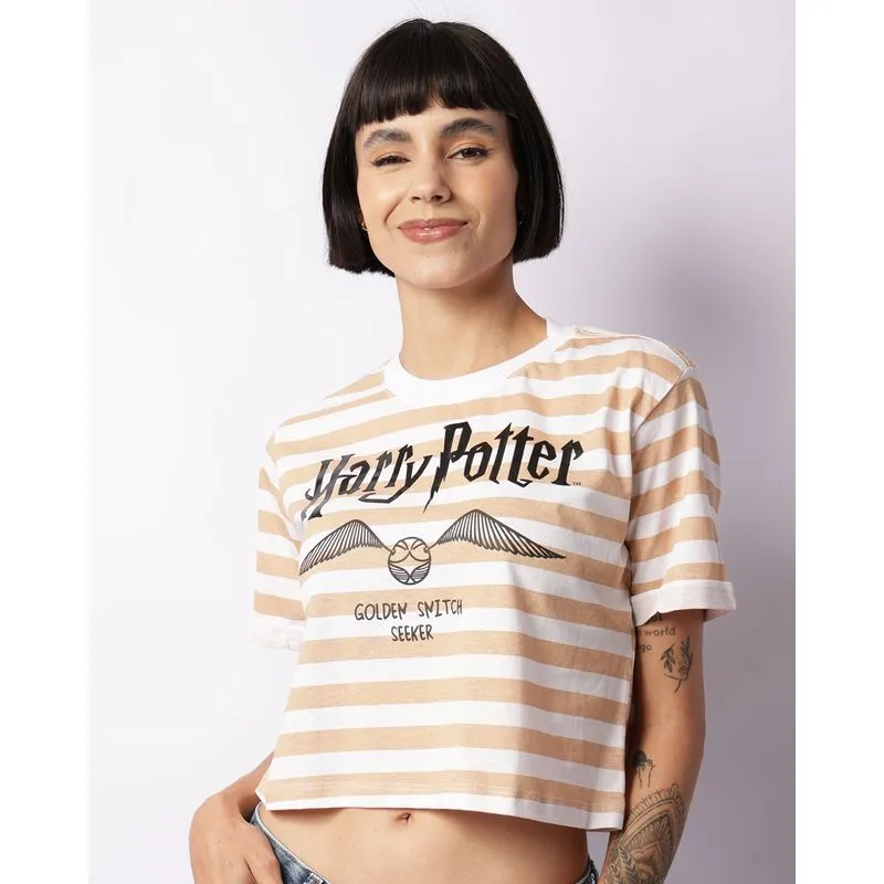 Camiseta Feminina Cropped Harry Potter Manga Curta Bege G