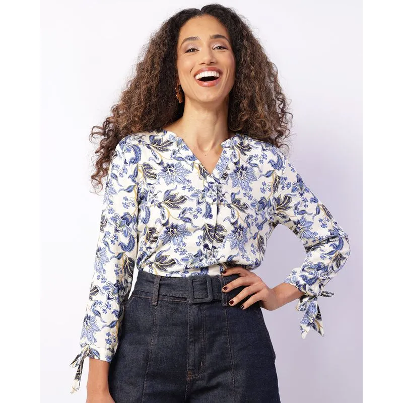 Bata Feminina Berry & Co. Viscose Manga Longa Estampada Azul M