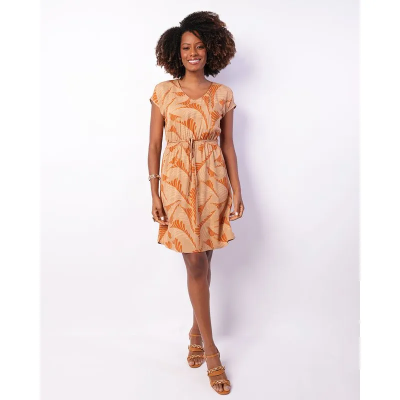 Vestido Feminino Curto Berry & Co. Viscose Cordão Estampado Bege M