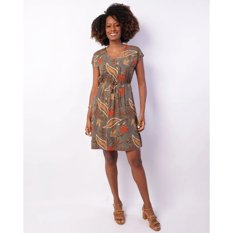 Vestido Feminino Curto Berry & Co. Viscose Cordão Estampado Verde GG