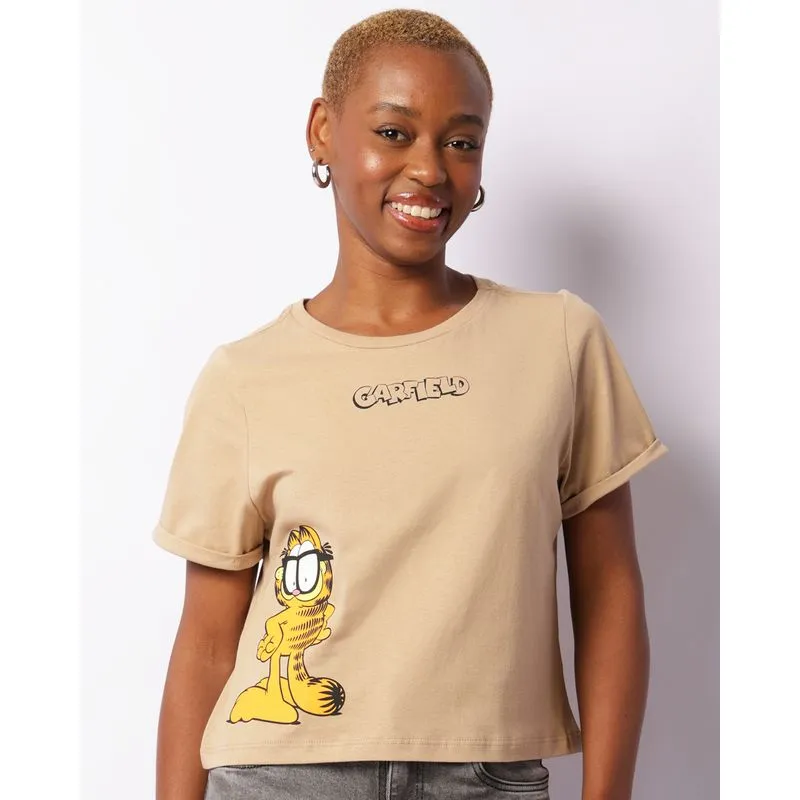 Camiseta Feminina Cropped Manga Curta Dobrável Garfield Bege P