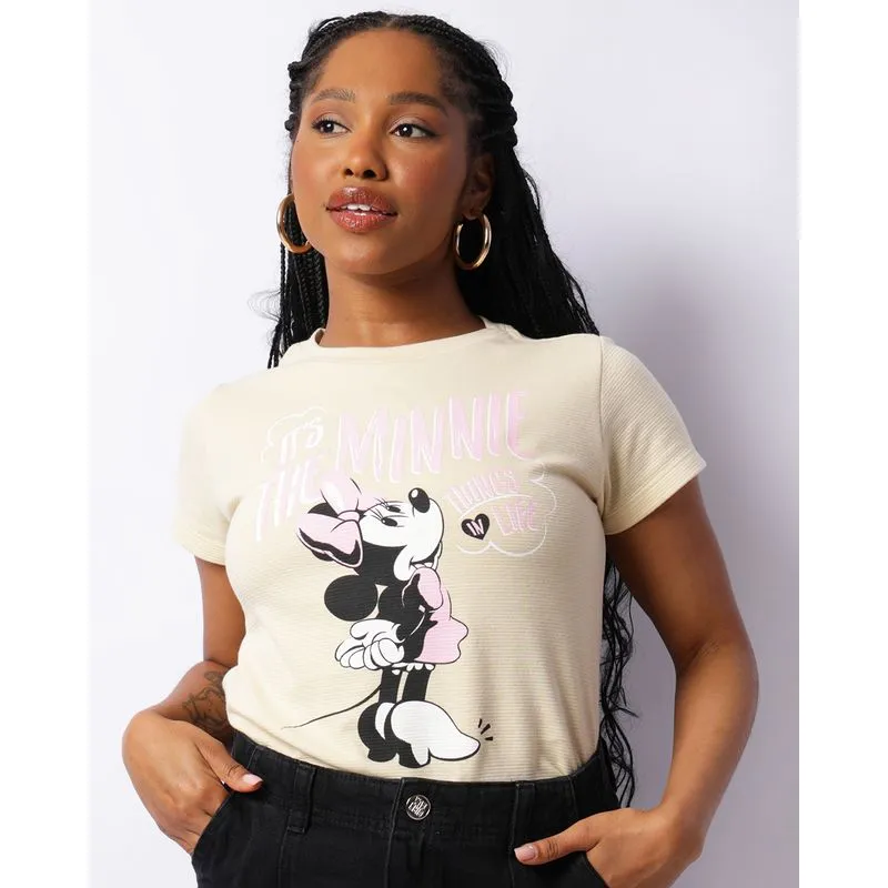 Camiseta Feminina Texturizada Disney Minnie Manga Curta Bege G