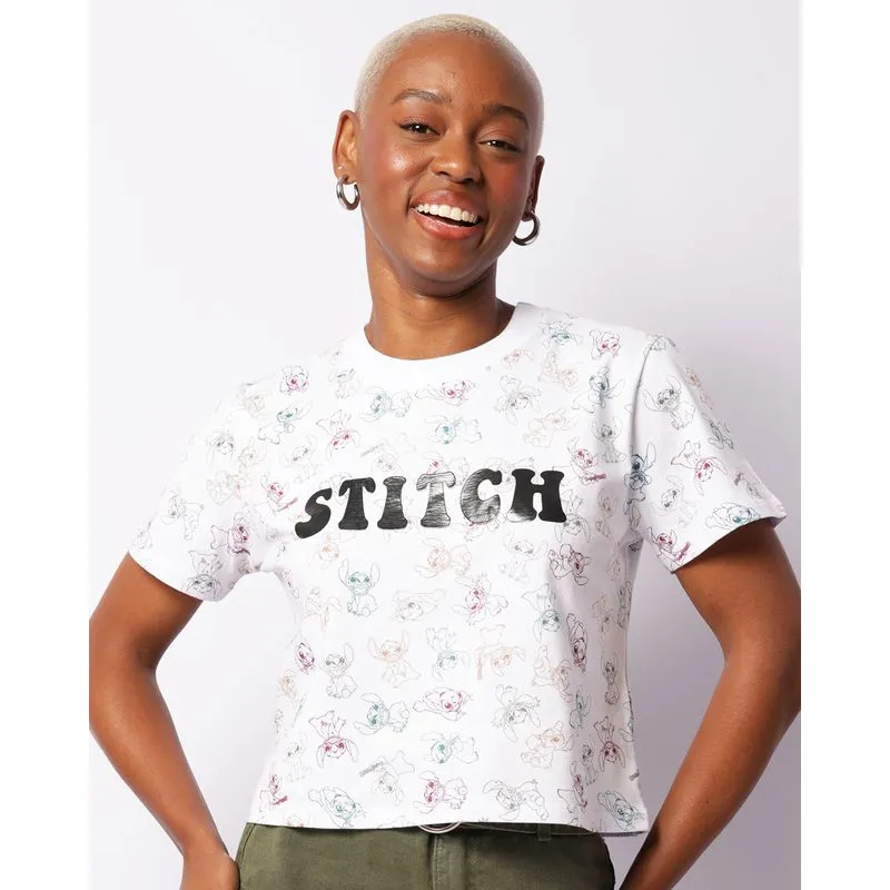 Camiseta Feminina Cropped Disney Stitch Manga Curta Branca G