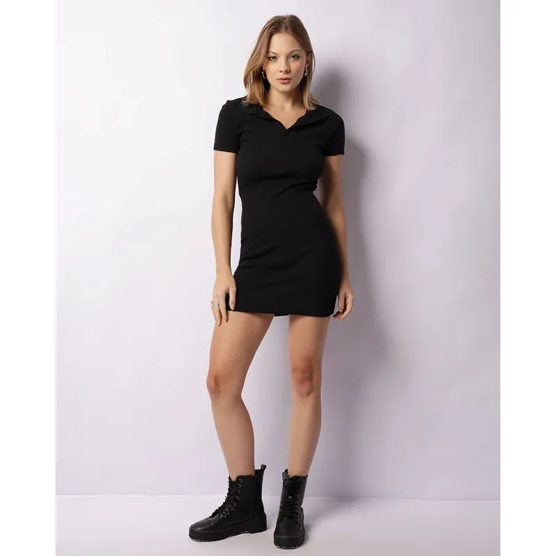 Vestido Feminino Curto Canelado Preto P