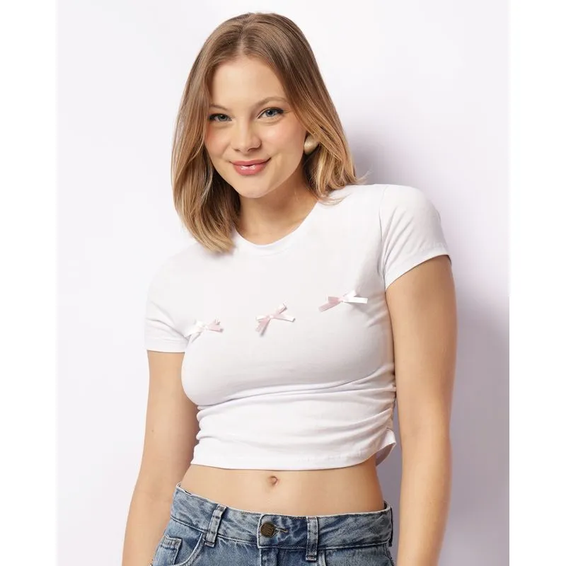 Blusa Feminina Cropped Aplicação De Lacinhos Branca P