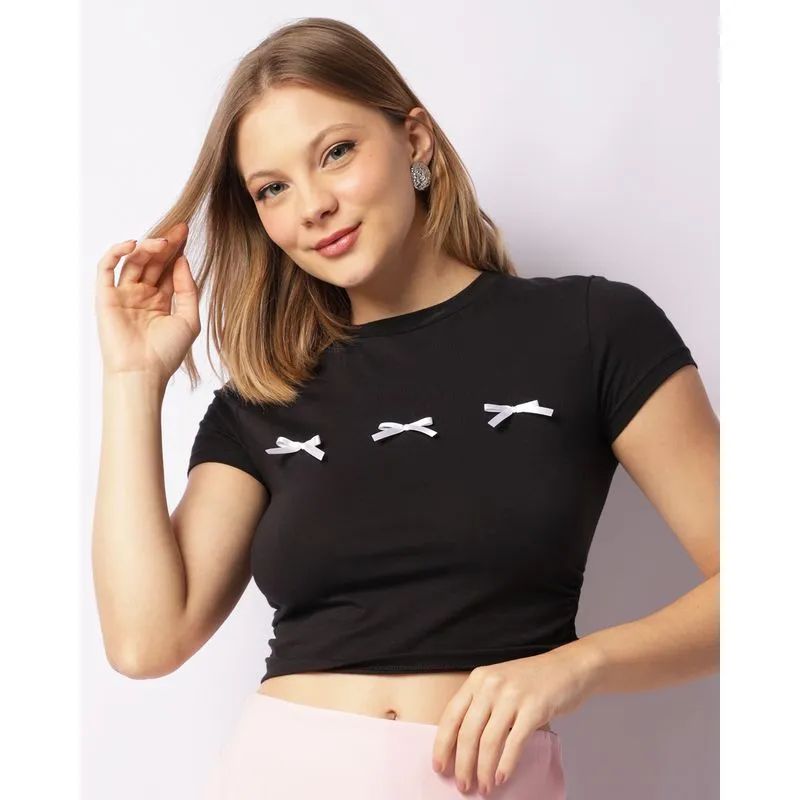 Blusa Feminina Cropped Aplicação De Lacinhos Preta M