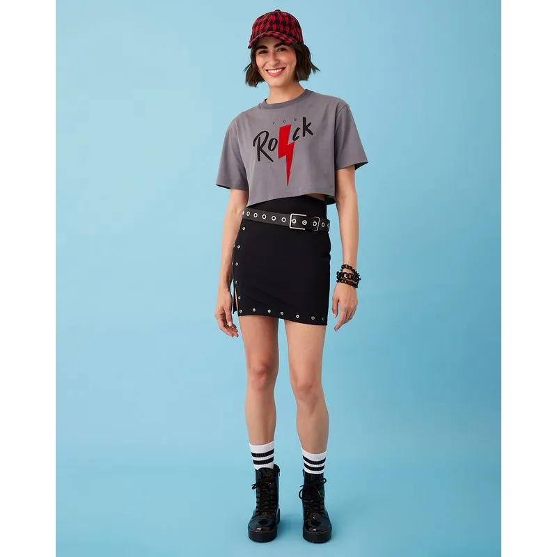 Saia Feminina Helanca Curta Detalhe Metal Preta P