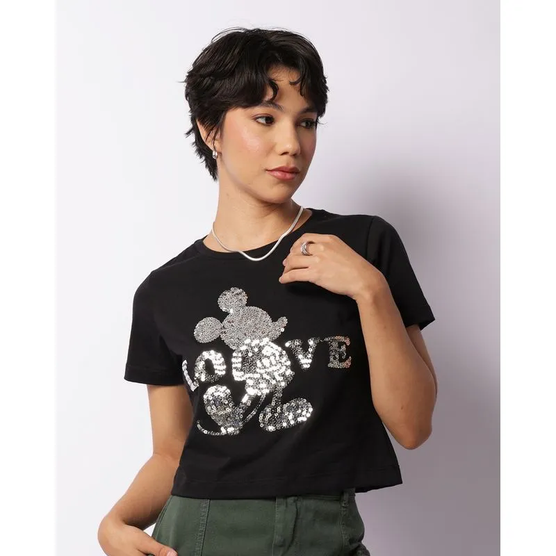 Camiseta Feminina Cropped Disney Mickey Com Paetê Preta GG