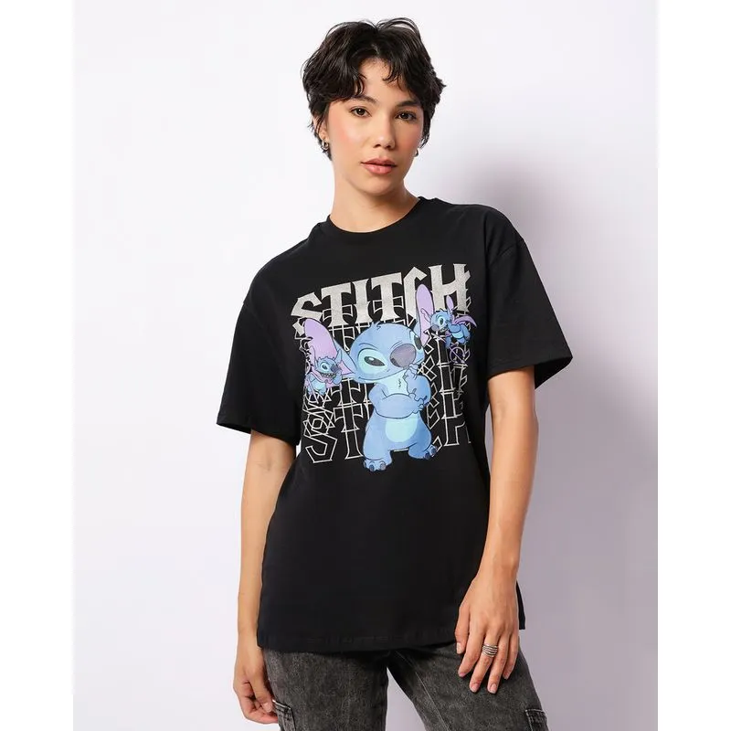 Camiseta Feminina Disney Stitch Oversized Manga Curta Preta P