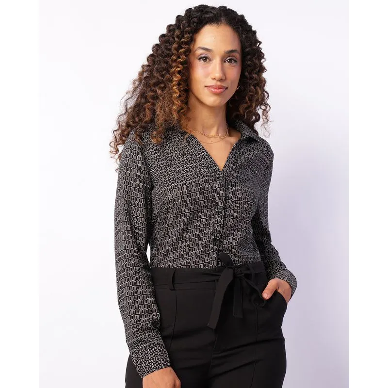 Camisa Feminina Berry & Co. Manga Longa Viscose Estampada Preta G