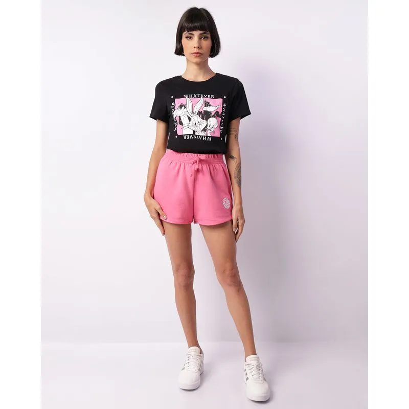 Short Feminino Curto Moletinho Bordado Frontal Rosa P