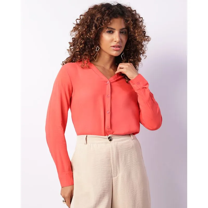 Camisa Feminina Berry & Co. Viscose Manga Longa Coral M