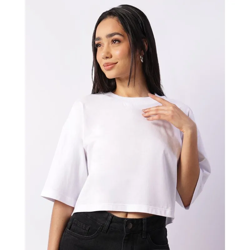 Camiseta Cropped Básica Manga 3/4 Branca GG
