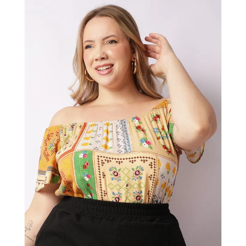 Blusa Plus Size Feminina Berry & Co. Ciganinha Viscose Estampada Bege G3