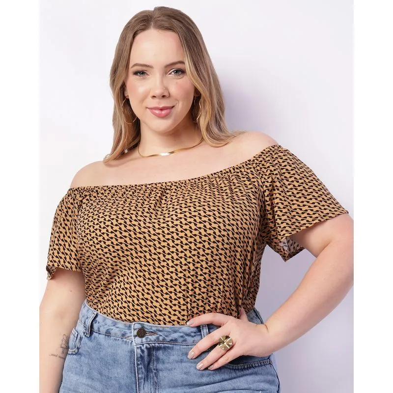 Blusa Plus Size Feminina Berry & Co. Ciganinha Estampada Bege G2