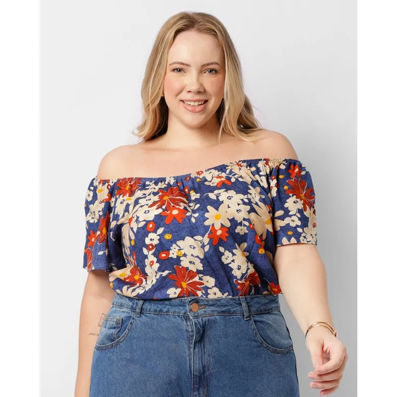 Blusa Plus Size Feminina Berry & Co. Ciganinha Estampada Azul G3