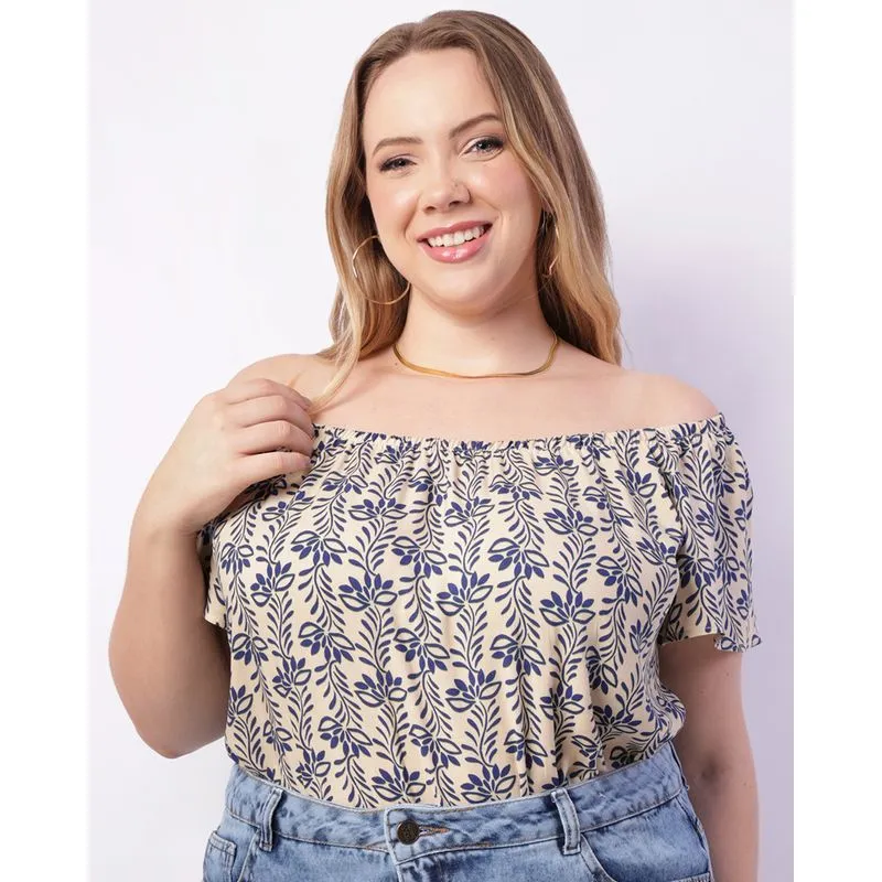 Blusa Plus Size Feminina Berry & Co. Ciganinha Estampada Bege G1