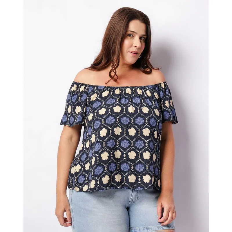 Blusa Plus Size Feminina Berry & Co. Ciganinha Estampada Marinho G3