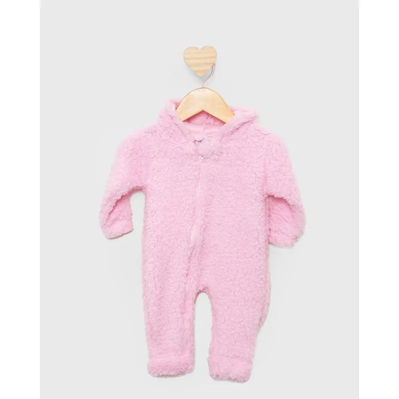 Macacão Bebê Longo Sherpa Com Capuz Rosa Claro P