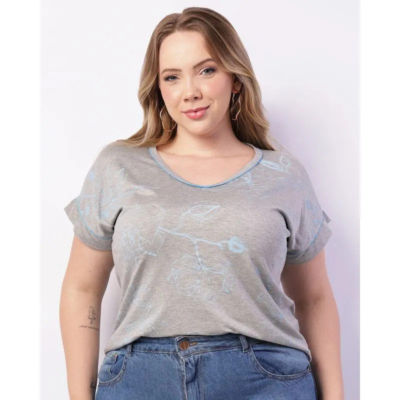 Blusa Plus Size Feminina Estampa Frontal Gola V Cinza G1